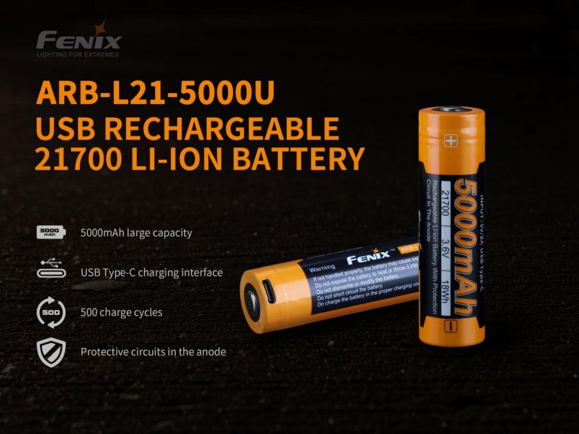 Batterie rechargeable Fenix 21700 5000 mAh avec USB-C (Li-Ion)