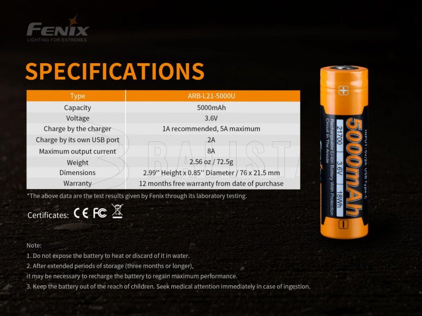 Batterie rechargeable Fenix 21700 5000 mAh avec USB-C (Li-Ion)