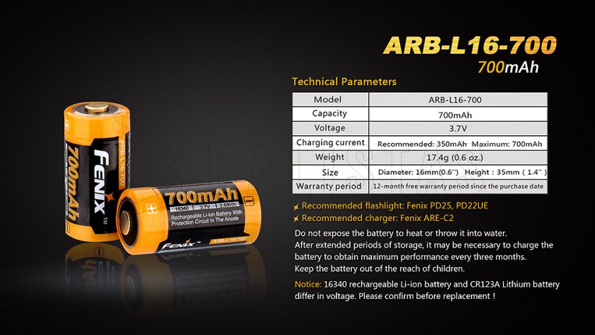 Batterie rechargeable Fenix RCR123A/16340 (Li-Ion)