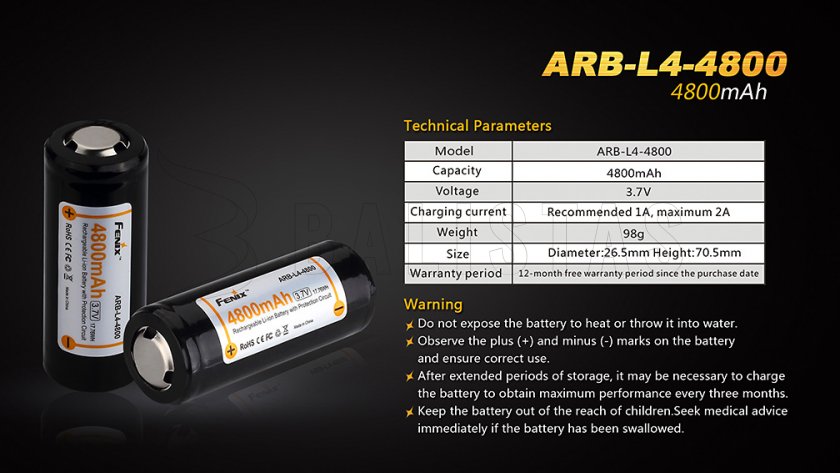 Batterie rechargeable Fenix 26650 4800 mAh (Li-Ion)