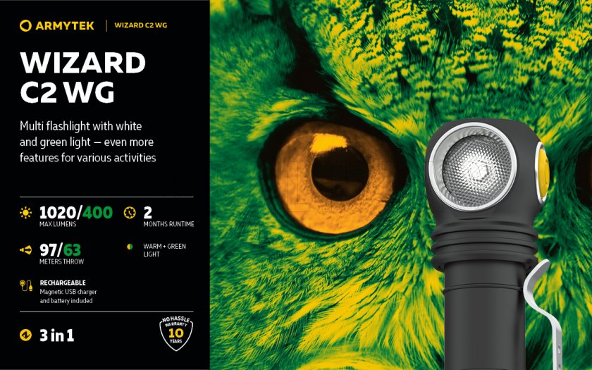 Lampe frontale Armytek Wizard C2 WG Lumière chaude et verte